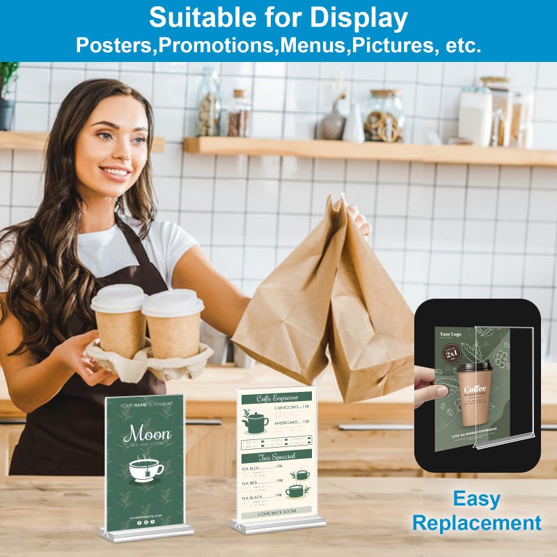 DunGu Acrylic Sign Holder 4x6, 16 Pack Clear Table Double Sided Clear Table Menu Vertical Display Stand Desktop Display Stand Paper Holder Table Sign Holder Suitable for Restaurants Office Store Show Fair - Image 4